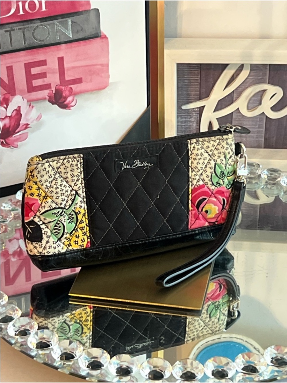 Vera Bradley Black Quilted Wristlet with Floral Patchwork Accents